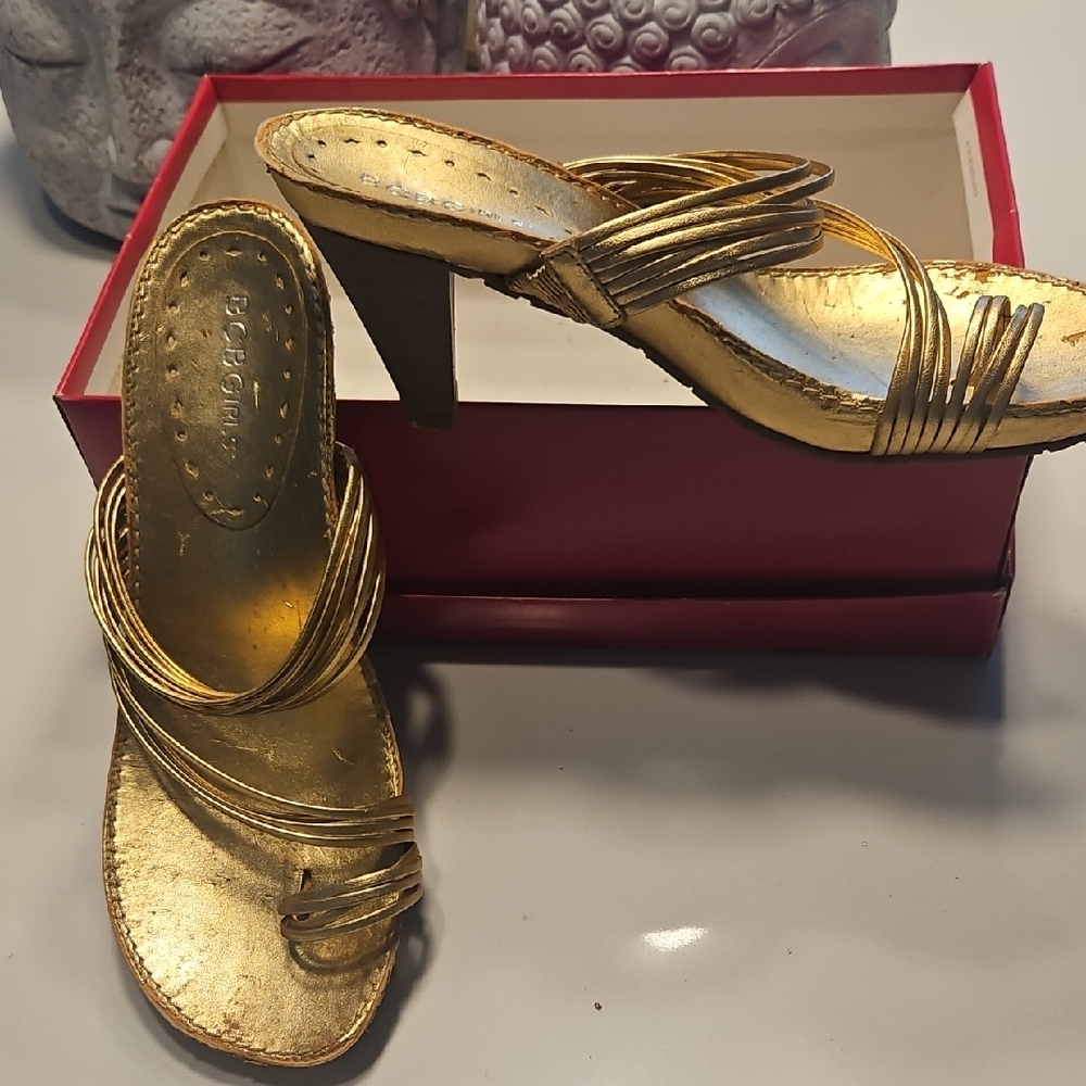 BCBGirls Metallic Gold Strappy High Heel Mules